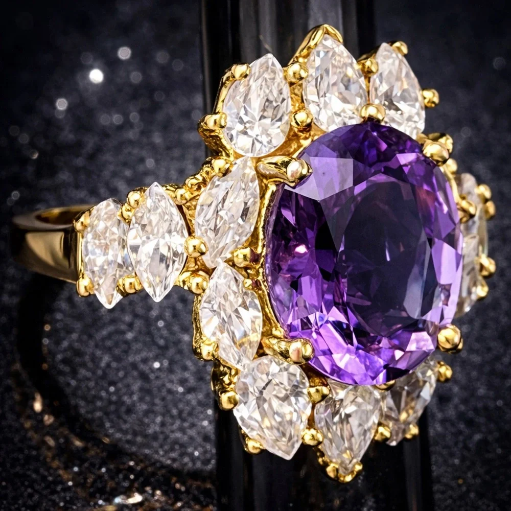 Suzanne Somers vintage purple amethyst CZ statement cocktail ring band gold HSN